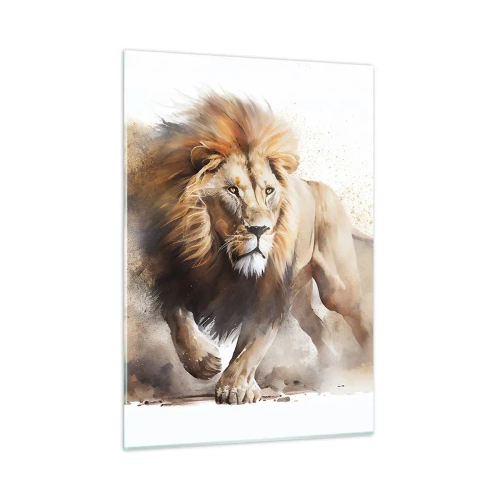 Impression sur verre - Image sur verre - Une photo dynamique de style aquarelle d'un lion en train de courir - 50x70cm - Le roi bougea - Décoration murale moderne pour le salon et la chambre ARTTOR