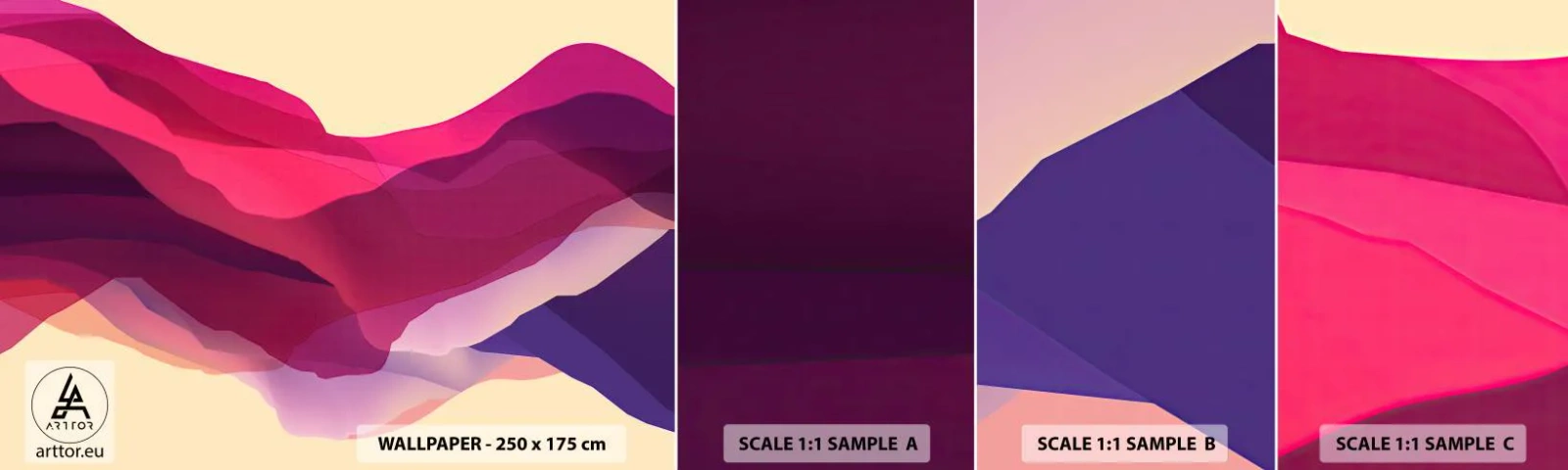 Échantillon de Papier Peint Autocollant Deluxe Sticker - Vagues pourpre - Abstraction, Morceau, Art moderne - 100x30 cm
