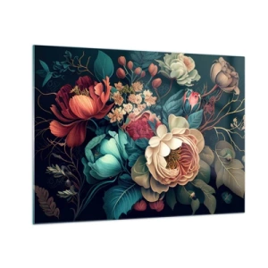 Impression sur verre - Image sur verre - Bouquet de fleurs vintage sur fond sombre - 70x50cm - le charme du 19ème siècle - Décoration murale moderne pour le salon et la chambre ARTTOR
