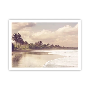 Affiche - Poster - Une plage avec des palmiers et des vagues douces le matin - 100x70cm - La caresse des vagues - Décoration murale moderne pour le salon et la chambre ARTTOR