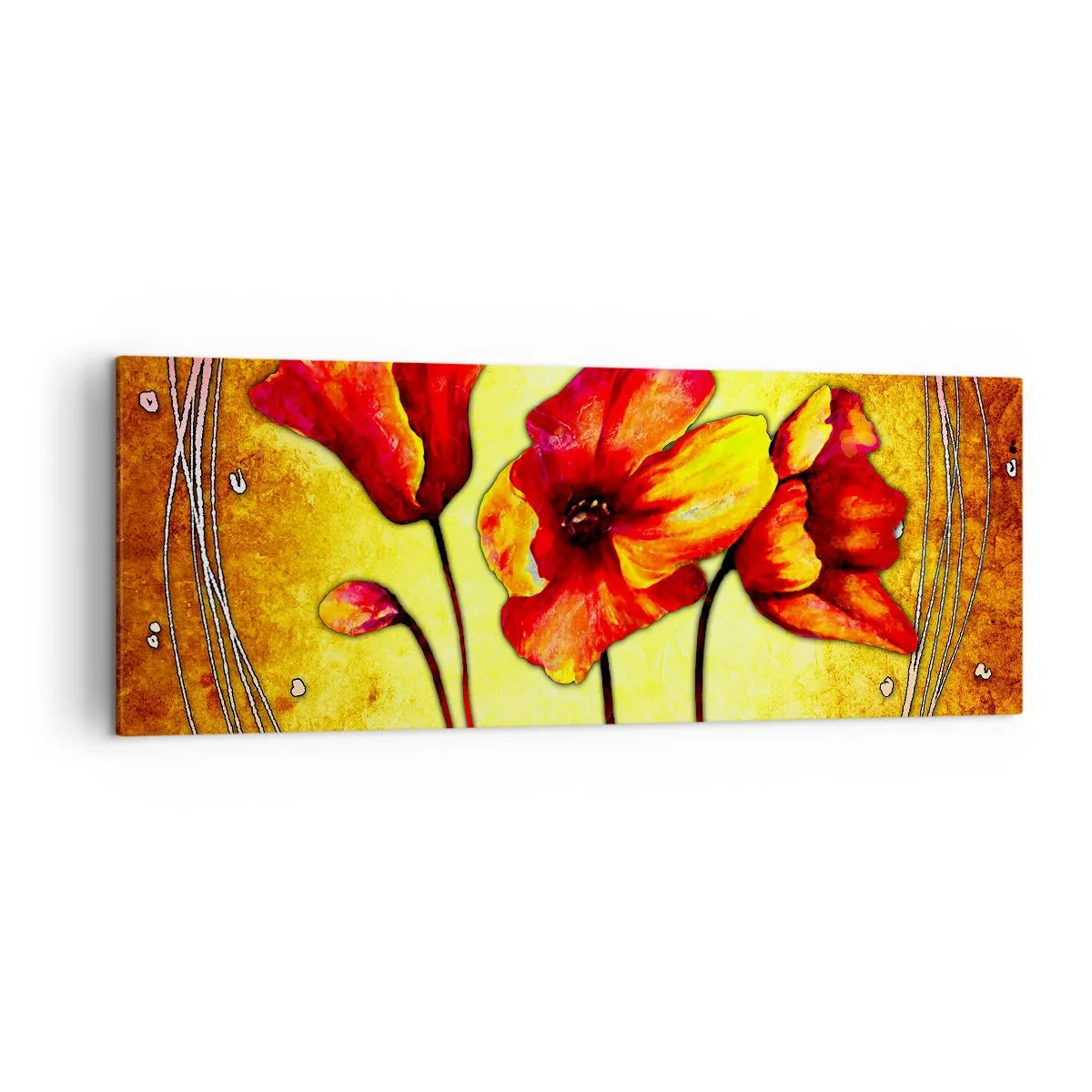 Impression sur toile - Image sur toile - Fleurs rouges et jaunes sur fond doré avec motifs décoratifs - 140x50cm - Dans la décoration Art Nouveau - Décoration murale moderne pour le salon et la chambre ARTTOR
