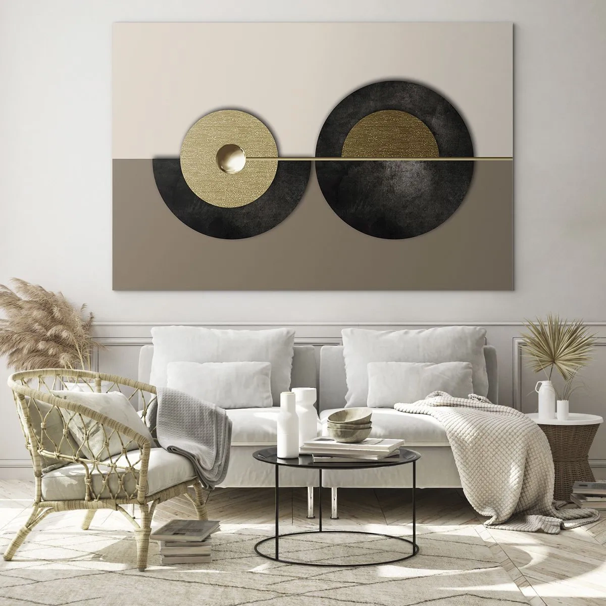 Impression sur verre - Image sur verre - Cercles géométriques en or et noir sur fond beige - 100x70cm - Variations autour du cercle - Décoration murale moderne pour le salon et la chambre ARTTOR