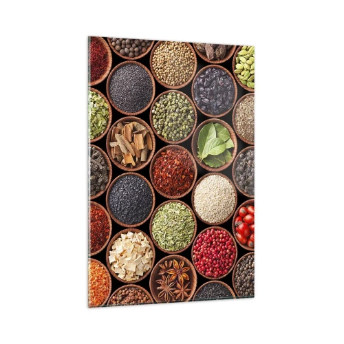 Impression sur verre - Image sur verre - Épices colorées dans des récipients ronds - 80x120cm - Toutes les saveurs du monde - Décoration murale moderne pour le salon et la chambre ARTTOR