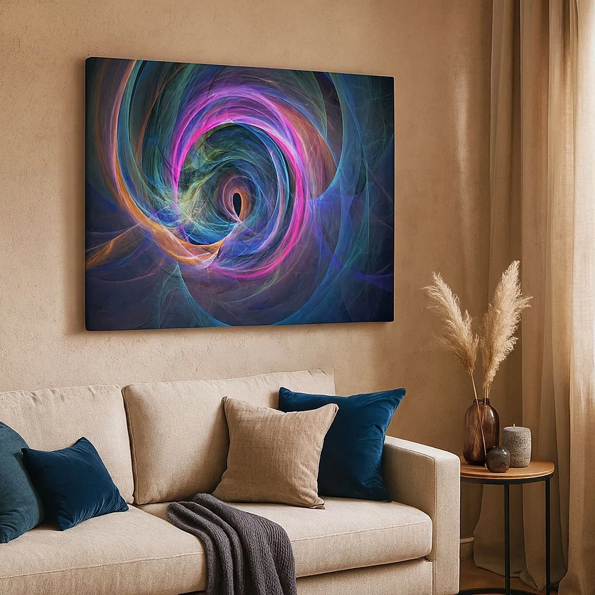 Impression sur toile - Image sur toile - Un tourbillon abstrait de couleurs dans des tons de violet, de rose et de bleu. - 70x50cm - Où m'emmènes-tu ? - Décoration murale moderne pour le salon et la chambre ARTTOR