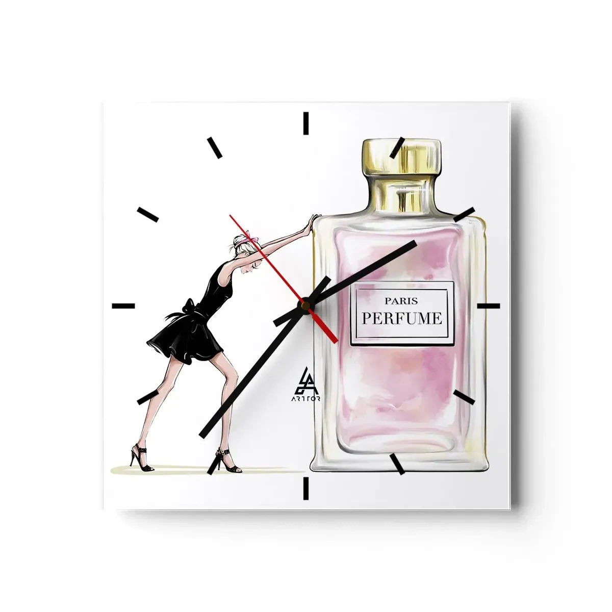 Horloge murale - Pendule murale - Une femme en robe noire à côté d'un flacon de parfum - 30x30cm - L'essence des femmes - Décoration murale moderne pour le salon et la chambre ARTTOR