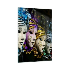 Impression sur verre - Image sur verre - Masques vénitiens de différentes couleurs avec des motifs décoratifs - 80x120cm - Mystère en or et argent - Décoration murale moderne pour le salon et la chambre ARTTOR