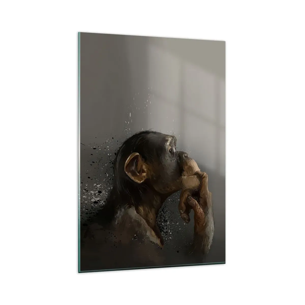 Impression sur verre - Image sur verre - Portrait d'un singe dans une pose réfléchissante sur fond gris - 80x120cm - Certainement un penseur - Décoration murale moderne pour le salon et la chambre ARTTOR