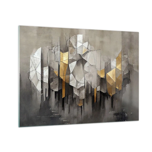 Impression sur verre - Image sur verre - Formes abstraites dans des tons de gris, blanc et or - 70x50cm - Composition de glace et de lumière - Décoration murale moderne pour le salon et la chambre ARTTOR