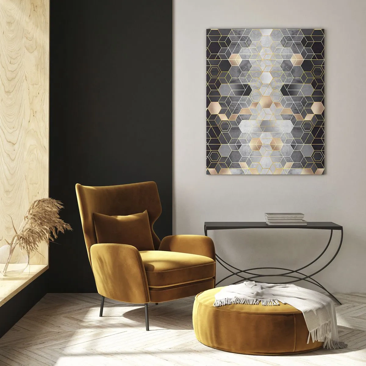 Impression sur verre - Image sur verre - Motif géométrique d'hexagones en lignes dorées - 50x70cm - Composition de diamants - Décoration murale moderne pour le salon et la chambre ARTTOR