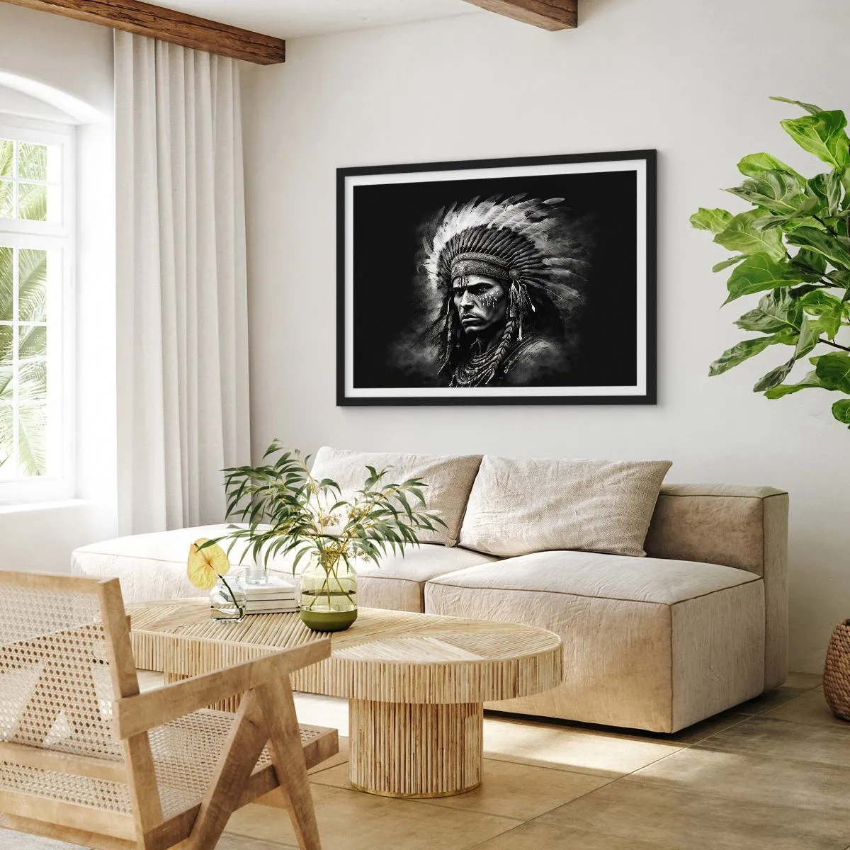 Affiche dans un cadre noir - Poster - Portrait d'un chef portant une coiffe à plumes sur fond noir - 70x50cm - Un leader et un guerrier - Décoration murale moderne pour le salon et la chambre ARTTOR