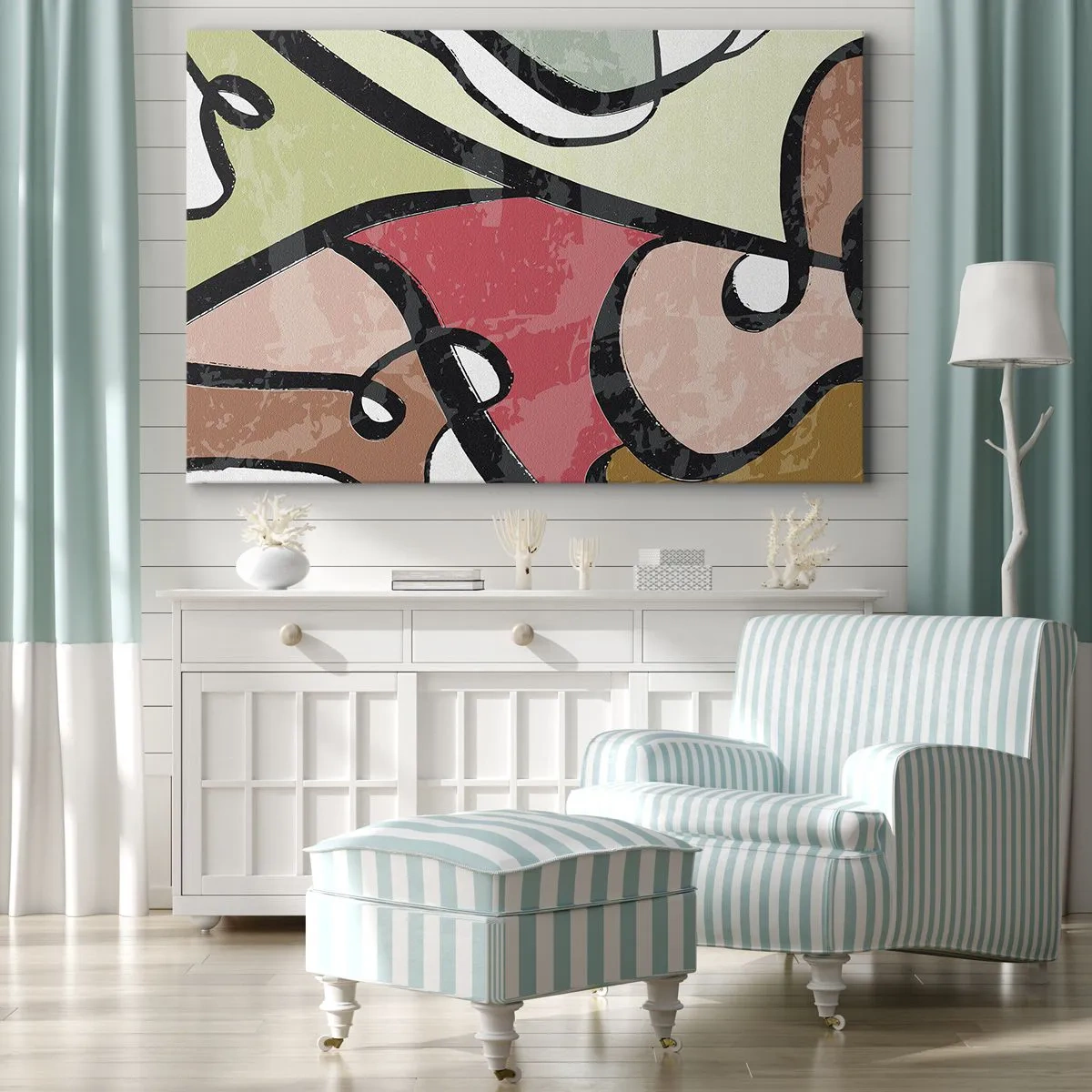 Impression sur toile - Image sur toile - Formes abstraites colorées avec des lignes noires - 70x50cm - Pirouettes parmi les couleurs - Décoration murale moderne pour le salon et la chambre ARTTOR