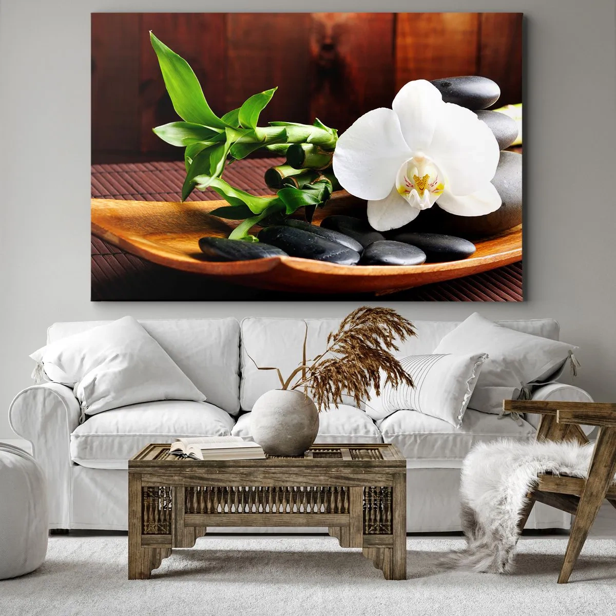 Impression sur toile - Image sur toile - Orchidée blanche avec bambou sur fond de pierre de style zen - 100x70cm - Cédez au contact de la nature - Décoration murale moderne pour le salon et la chambre ARTTOR