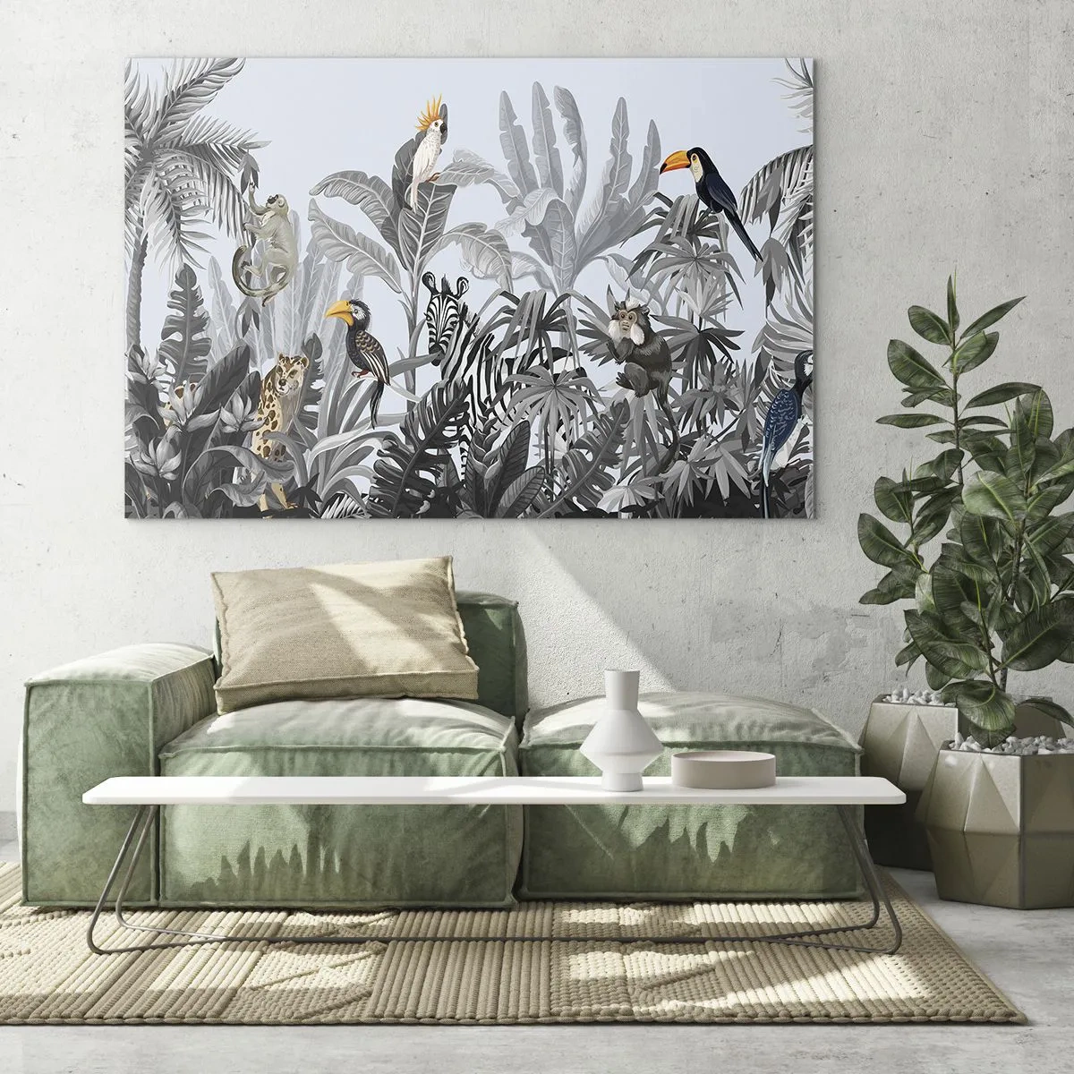 Impression sur verre - Image sur verre - Animaux exotiques dans une jungle en noir et blanc sur fond clair - 70x50cm - Conte de fées africain - Décoration murale moderne pour le salon et la chambre ARTTOR
