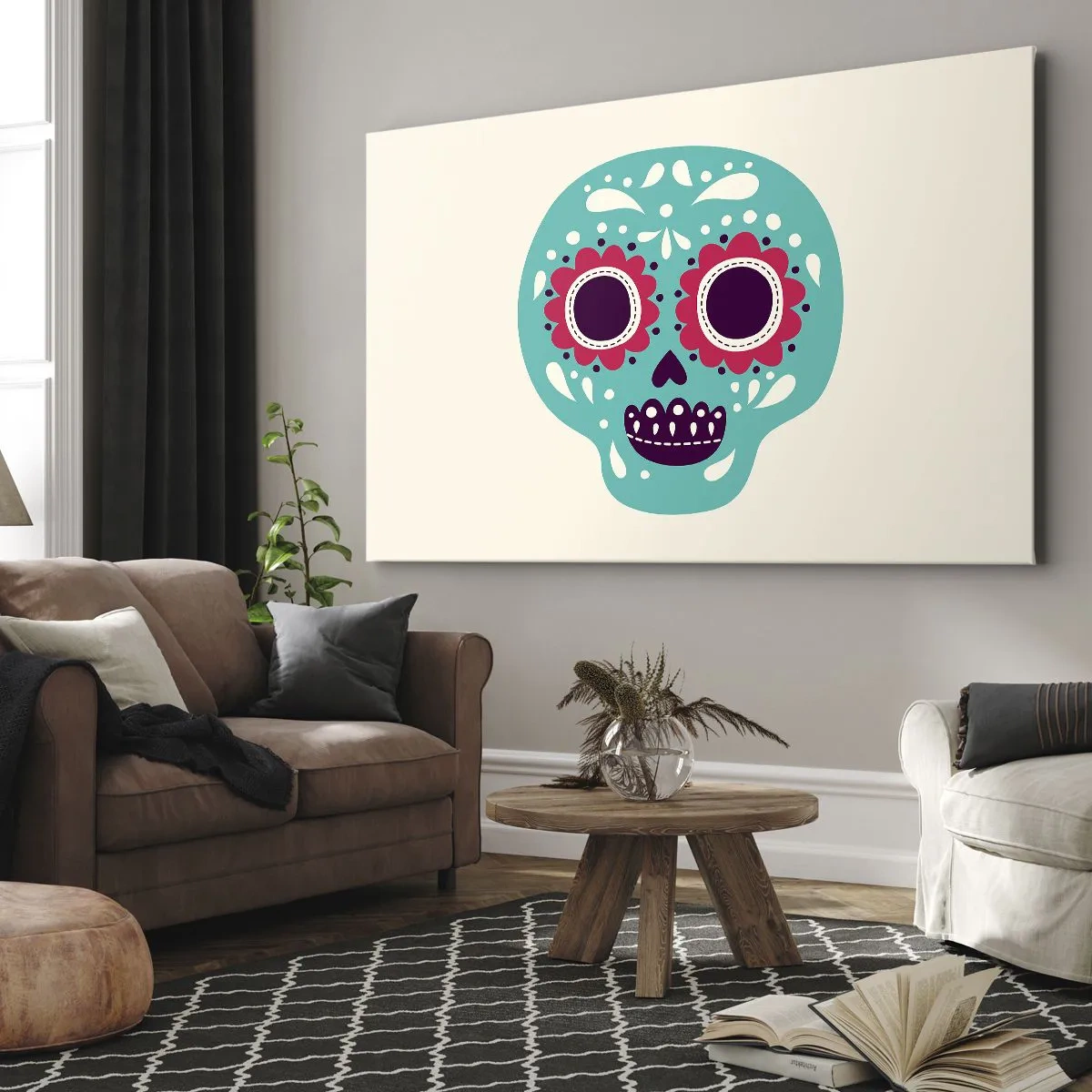 Impression sur toile - Image sur toile - Un crâne en sucre turquoise et violet inspiré de la culture mexicaine - 70x50cm - La vie – du plaisir jusqu'à la mort - Décoration murale moderne pour le salon et la chambre ARTTOR