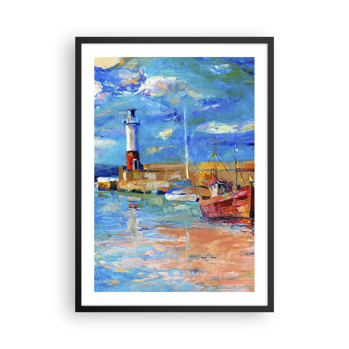 Affiche dans un cadre noir - Poster - Un port pittoresque avec un phare et des bateaux amarrés - 50x70cm - Un après-midi dans la baie arc-en-ciel - Décoration murale moderne pour le salon et la chambre ARTTOR