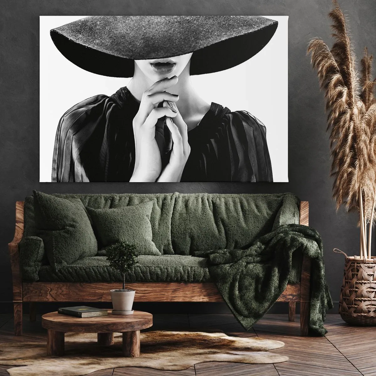 Impression sur toile - Image sur toile - Femme élégante portant un grand chapeau dans des tons de noir et blanc - 120x80cm - Beauté cachée - Décoration murale moderne pour le salon et la chambre ARTTOR