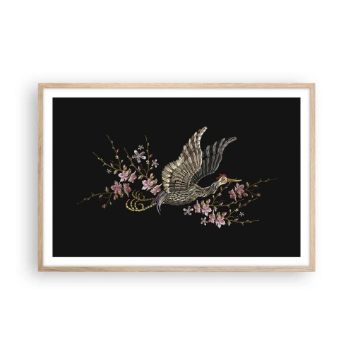 Affiche dans un chêne clair - Poster - Oiseau brodé exotique - 91x61 cm