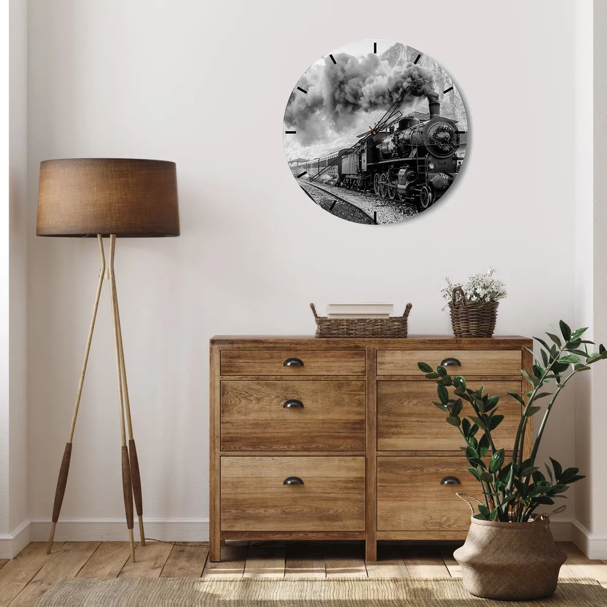 Horloge murale - Pendule murale - Une locomotive à vapeur noire et blanche avec une cheminée fumante - 30x30cm - Attend à la gare... - Décoration murale moderne pour le salon, la cuisine et la chambre ARTTOR