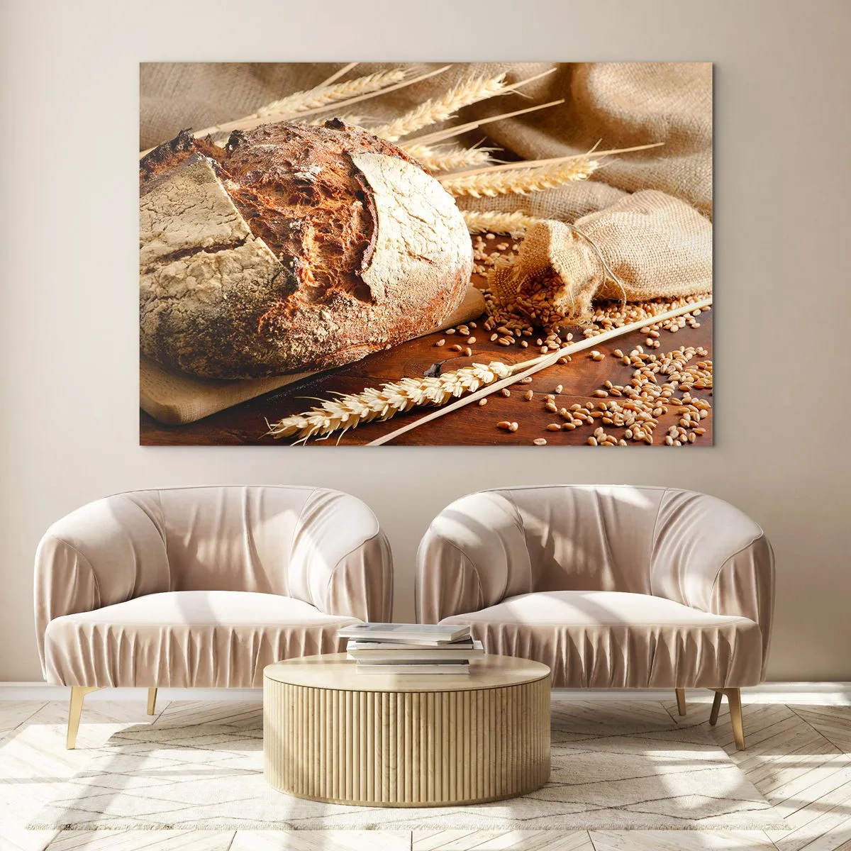 Impression sur verre - Image sur verre - Pain sur une planche avec des épis de blé et des sacs de céréales - 70x50cm - Appétissant, parfumé, croquant - Décoration murale moderne pour le salon et la chambre ARTTOR