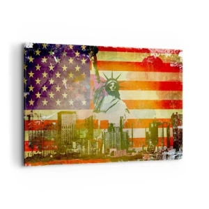 Impression sur toile - Image sur toile - La Statue de la Liberté avec en toile de fond le drapeau américain et les toits de la ville - 100x70cm - Vive l'Amérique! - Décoration murale moderne pour le salon et la chambre ARTTOR