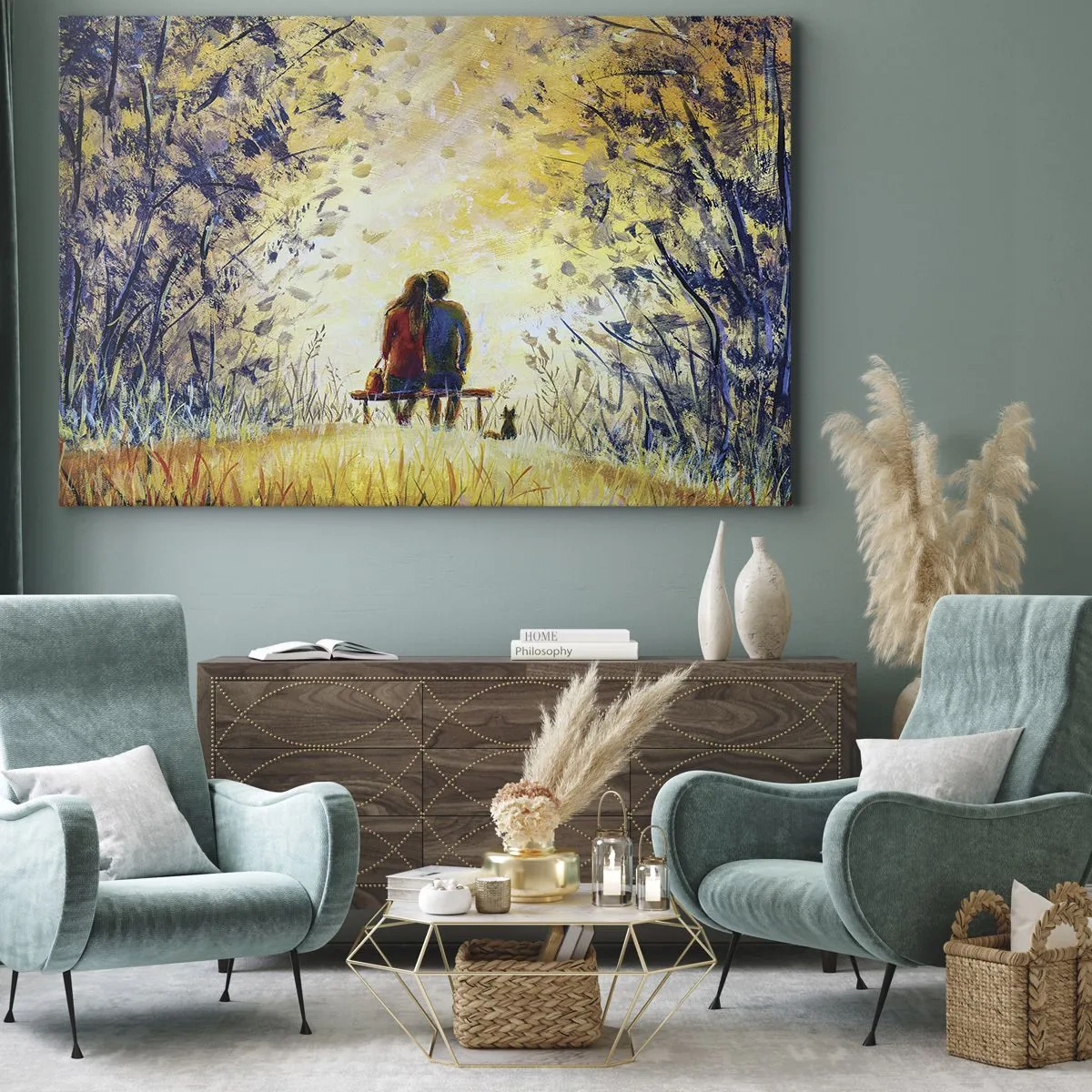 Impression sur toile - Image sur toile - Un couple assis sur un banc parmi les arbres d'automne au soleil - 70x50cm - Moment magique - Décoration murale moderne pour le salon et la chambre ARTTOR
