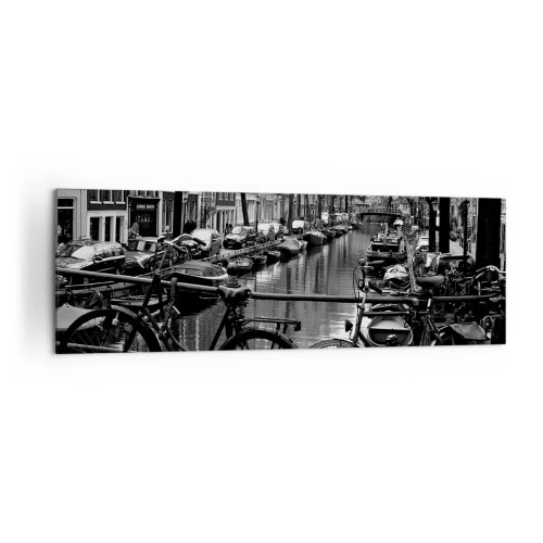 Impression sur toile - Image sur toile - Canal avec des vélos en photographie noir et blanc - 160x50cm - Une vue très hollandaise - Décoration murale moderne pour le salon et la chambre ARTTOR