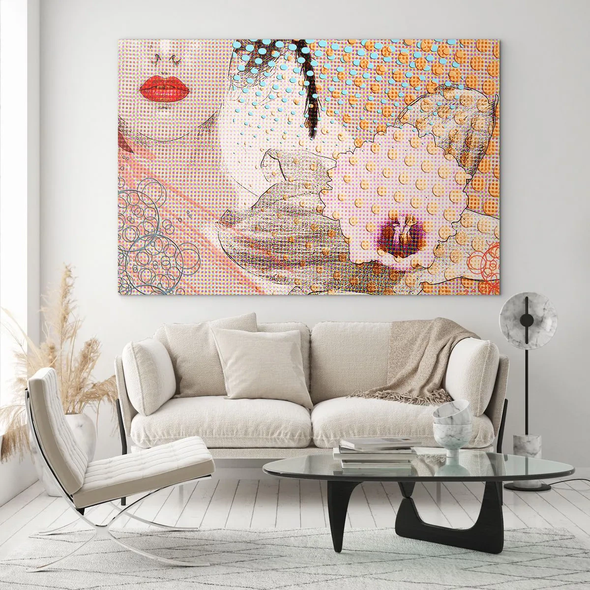 Impression sur verre - Image sur verre - Illustration d'un portrait de femme avec une fleur en arrière-plan dans le style pop art - 100x70cm - Héroïne de bande dessinée - Décoration murale moderne pour le salon et la chambre ARTTOR