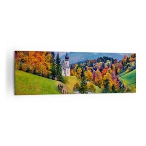 Impression sur toile - Image sur toile - Paysage de montagne d'automne avec une chapelle et un coucher de soleil - 160x50cm - Paysage comme peind - Décoration murale moderne pour le salon et la chambre ARTTOR