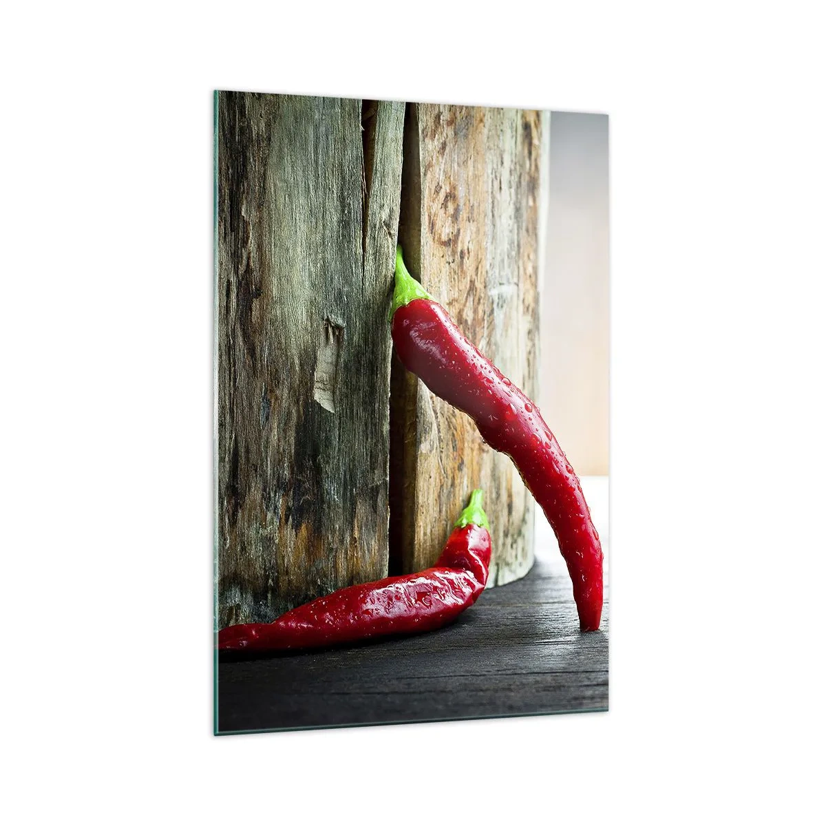 Impression sur verre - Image sur verre - Deux piments rouges sur un fond en bois avec un accent rustique - 70x100cm - Red hot chili peppers - Décoration murale moderne pour le salon et la chambre ARTTOR