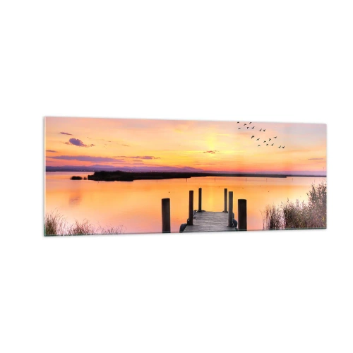 Impression sur verre - Image sur verre - Une jetée sur un lac au coucher du soleil avec des oiseaux dans le ciel - 140x50cm - Aube silencieuse violette - Décoration murale moderne pour le salon et la chambre ARTTOR