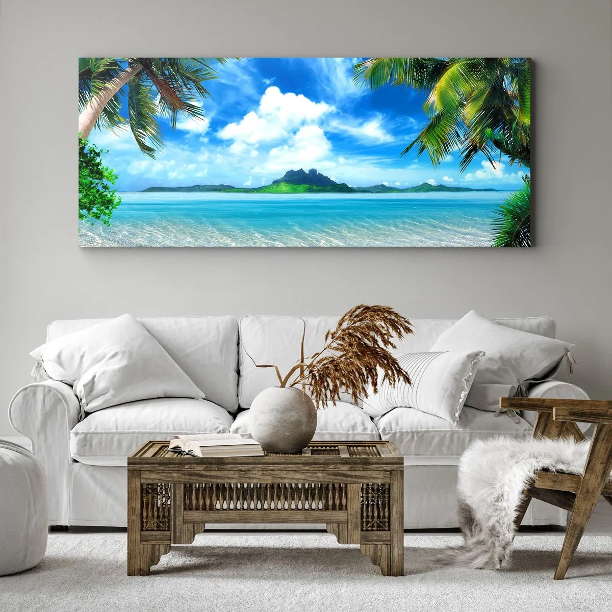 Impression sur toile - Image sur toile - Plage tropicale avec palmiers et vue sur l'île - 140x50cm - L'azur des tropiques - Décoration murale moderne pour le salon et la chambre ARTTOR