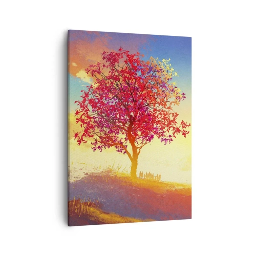 Impression sur toile - Image sur toile - Une silhouette sur une colline à côté d'un arbre coloré à la lumière du soleil couchant - 50x70cm - Pèlerin à destination - Décoration murale moderne pour le salon et la chambre ARTTOR