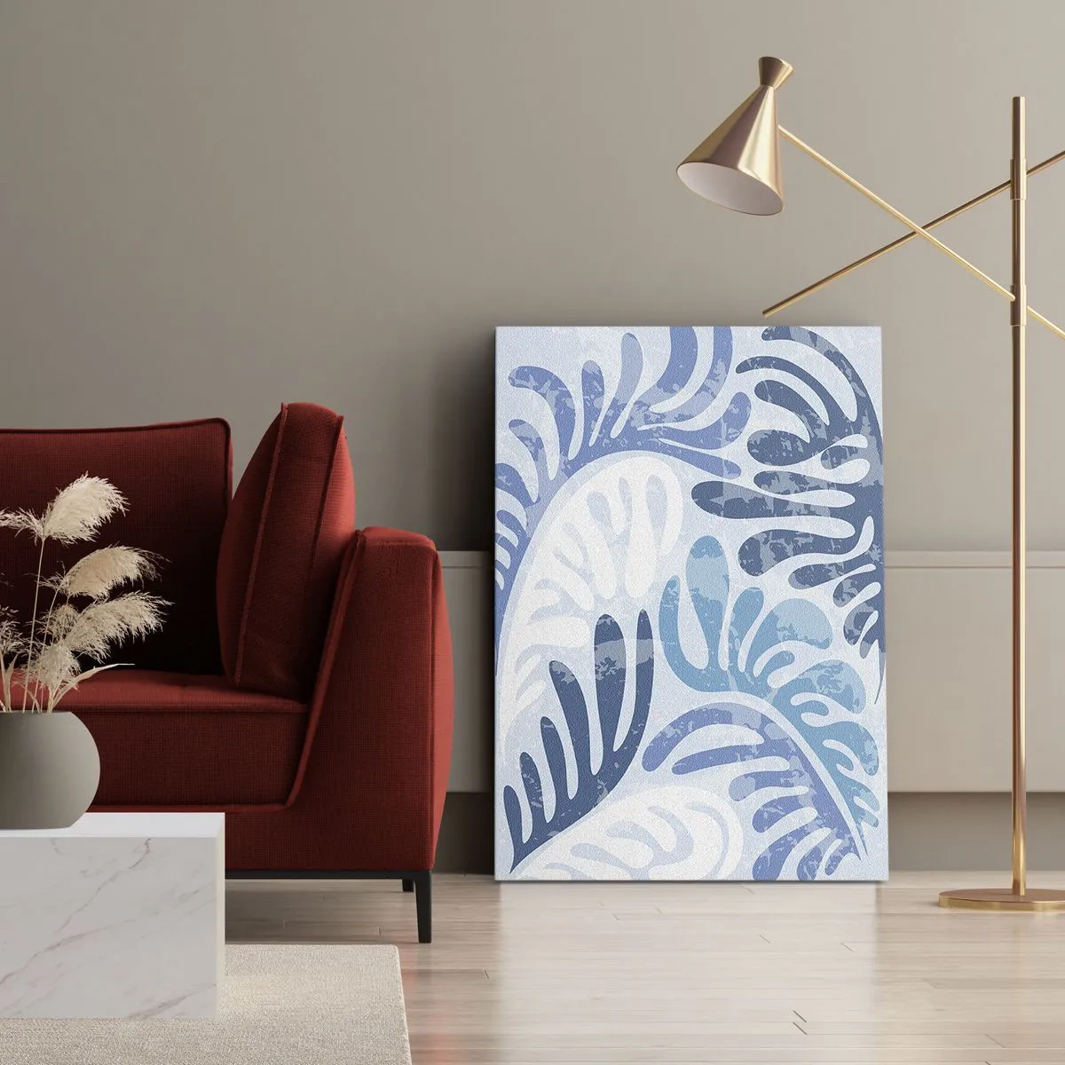 Impression sur toile - Image sur toile - Formes abstraites dans des tons de bleu sur fond blanc - 70x100cm - Fougères bleues - Décoration murale moderne pour le salon et la chambre ARTTOR