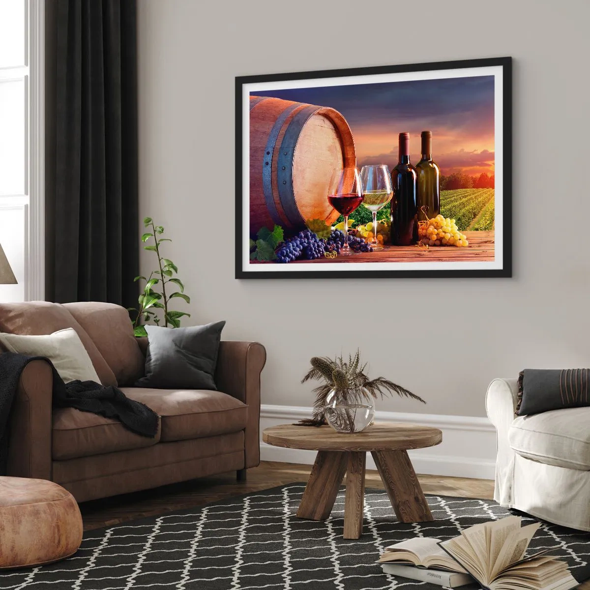 Affiche dans un cadre noir - Poster - Du vin, des verres et un tonneau dans un paysage pittoresque - 70x50cm - Ici la vie a du goût - Décoration murale moderne pour le salon et la chambre ARTTOR