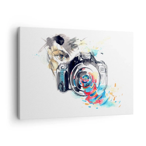 Impression sur toile - Image sur toile - Appareil photo aquarelle avec des détails colorés - 70x50cm - Dans l'oeil de l'objectif - Décoration murale moderne pour le salon et la chambre ARTTOR