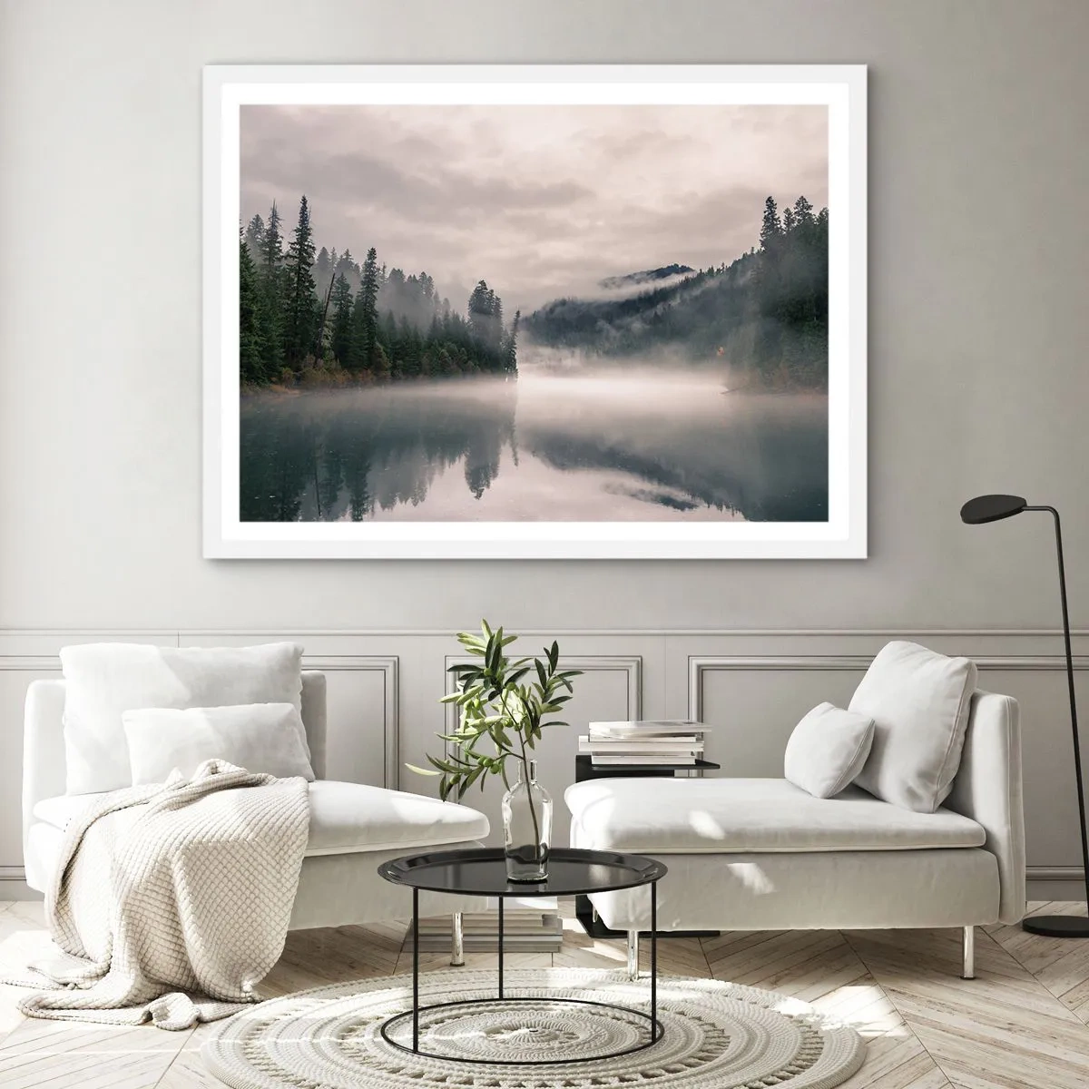 Affiche dans un cadre blanc - Poster - Reflet dans le brouillard - 100x70 cm