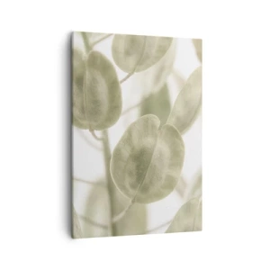 Impression sur toile - Image sur toile - Une peinture délicate de feuilles dans des tons pastel de vert sur un fond clair. - 50x70cm - Au commencement il y avait des feuilles... - Décoration murale moderne pour le salon et la chambre ARTTOR