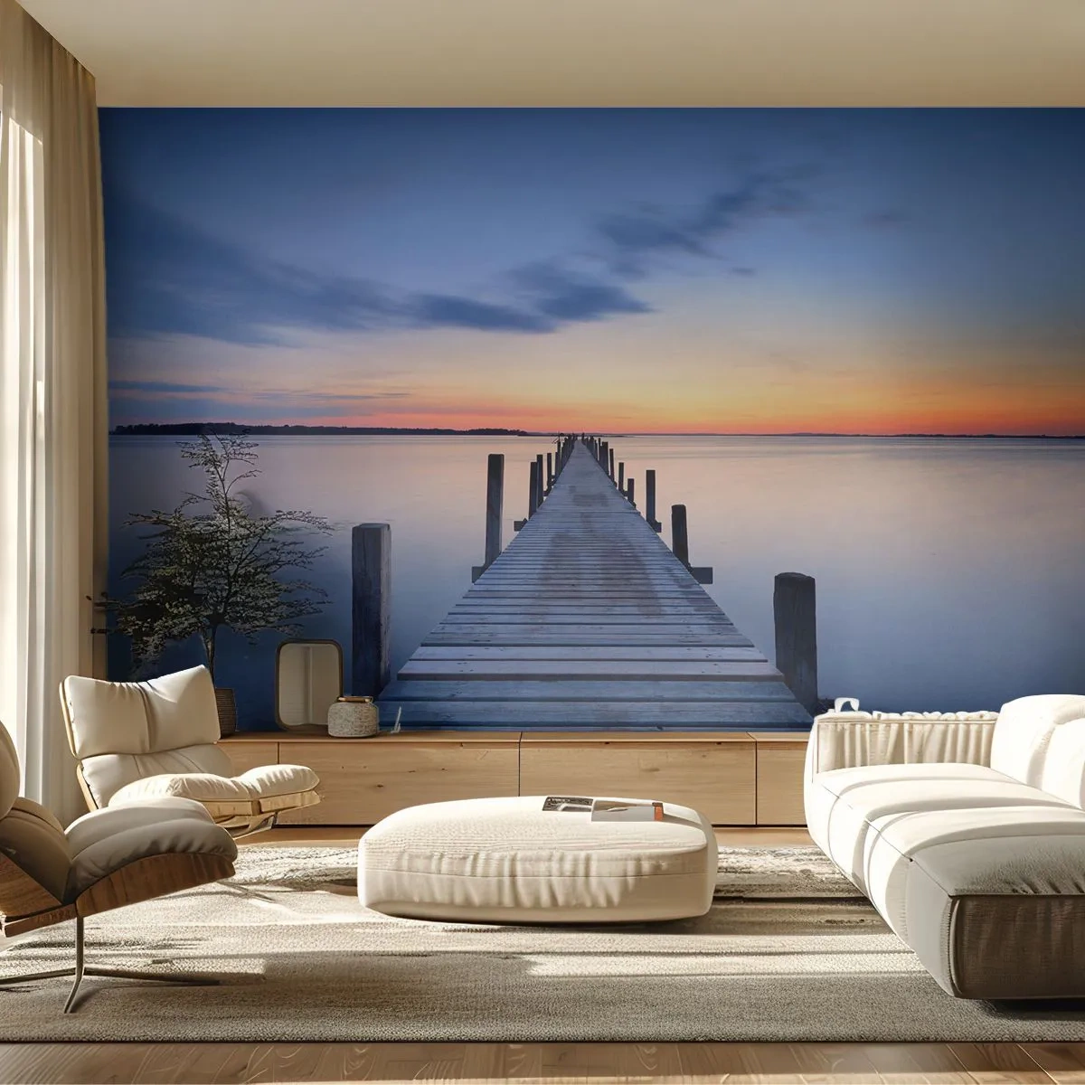 Papier Peint Photo Standard Eco - Le calme d'un crépuscule serein - Paysage, Baie, Pont de bois - 300x210 cm