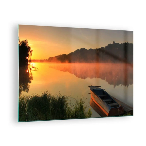 Impression sur verre - Image sur verre - Lever de soleil sur un lac calme avec un bateau sur le rivage - 70x50cm - Lever du soleil sur l'eau comme un miroir - Décoration murale moderne pour le salon et la chambre ARTTOR
