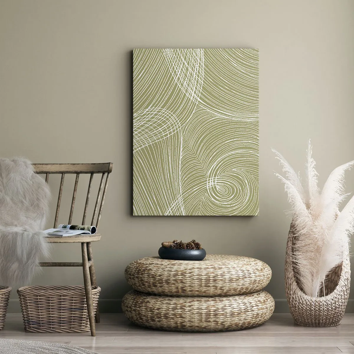 Impression sur toile - Image sur toile - Lignes vertes et blanches dans une composition abstraite - 50x70cm - Abstraction complexe de blanc - Décoration murale moderne pour le salon et la chambre ARTTOR