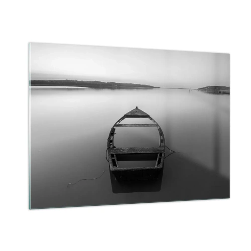 Impression sur verre - Image sur verre - Un vieux bateau sur une surface d'eau calme en noir et blanc - 100x70cm - Nostalgie et mélancolie - Décoration murale moderne pour le salon et la chambre ARTTOR