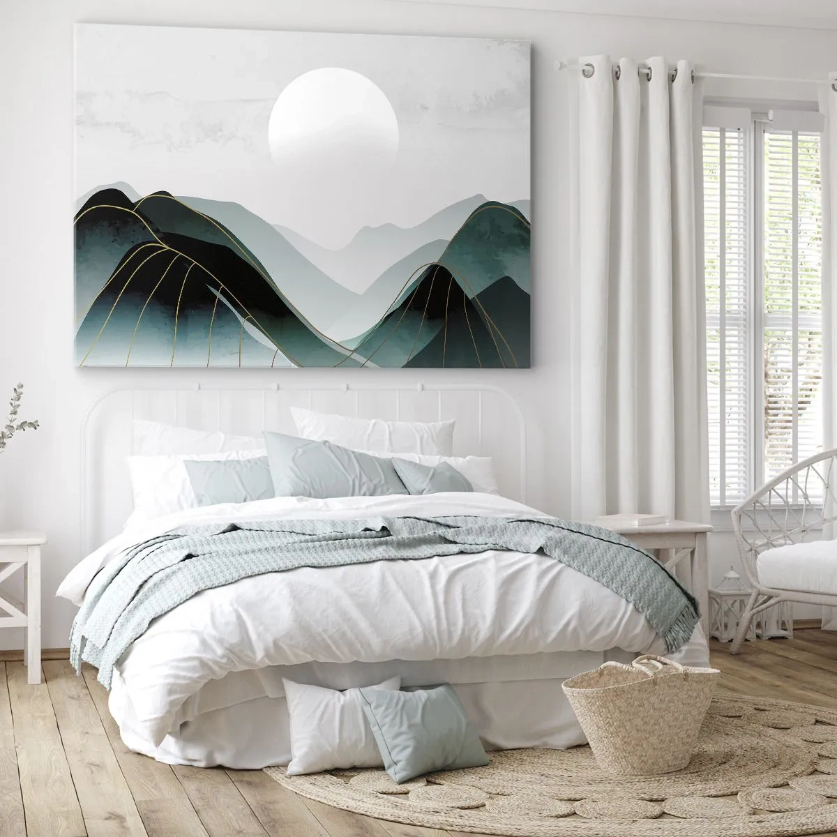 Impression sur toile - Image sur toile - Paysage de montagne abstrait avec la lune et des lignes dorées - 70x50cm - En pleine majesté - Décoration murale moderne pour le salon et la chambre ARTTOR