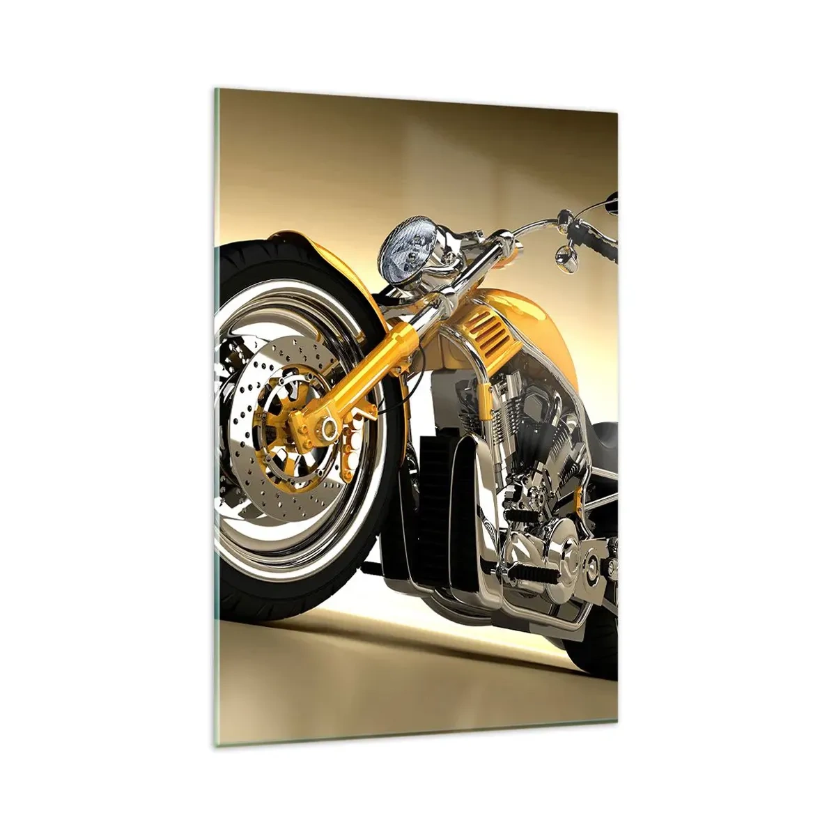 Impression sur verre - Image sur verre - Une moto jaune de style chopper contre un mur beige - 80x120cm - Un rêve de force et de vitesse - Décoration murale moderne pour le salon et la chambre ARTTOR