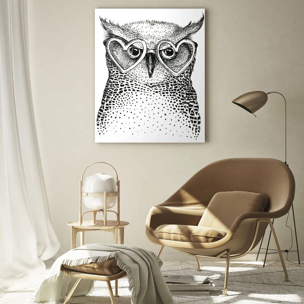Impression sur verre - Image sur verre - Graphique élégant d'un hibou portant des lunettes en forme de cœur - 70x100cm - Sagement et avec amour - Décoration murale moderne pour le salon et la chambre ARTTOR