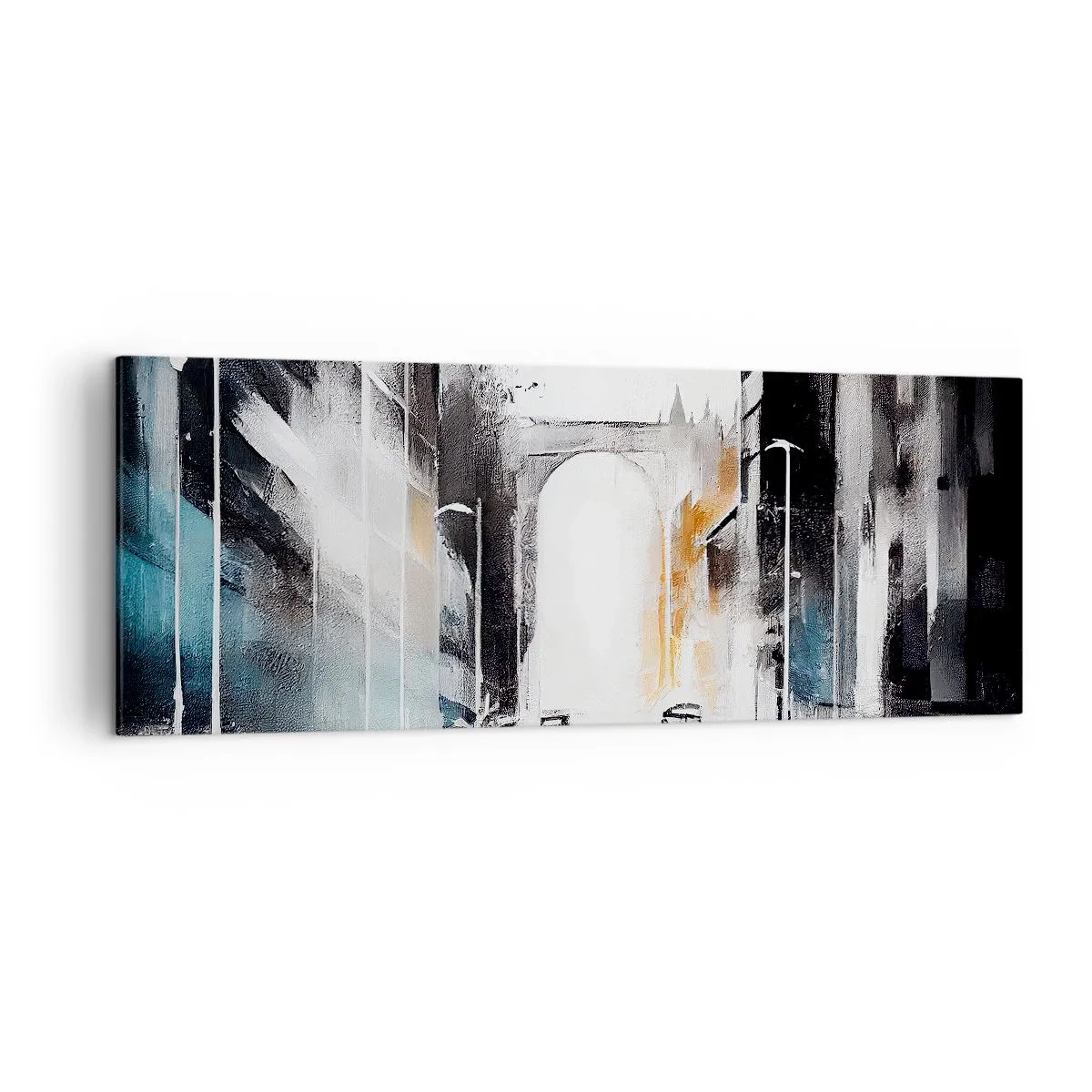 Impression sur toile - Image sur toile - Panorama abstrait de la ville avec un pont en arc - 140x50cm - Étude de ville : architecture et mouvement - Décoration murale moderne pour le salon et la chambre ARTTOR