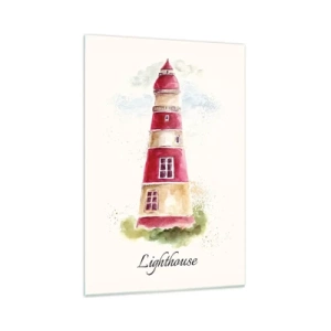 Impression sur verre - Image sur verre - Une aquarelle représentant un phare sur fond clair avec une inscription - 70x100cm - Il y a toujours beau temps autour - Décoration murale moderne pour le salon et la chambre ARTTOR