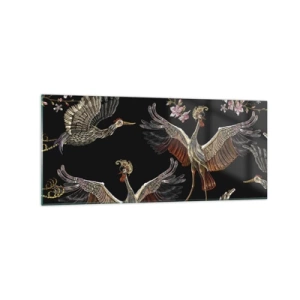 Impression sur verre - Image sur verre - Grues et fleurs élégantes sur fond noir - 120x50cm - Un oiseau de conte de fées - Décoration murale moderne pour le salon et la chambre ARTTOR