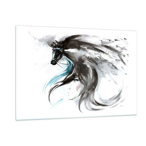 Impression sur verre - Image sur verre - Portrait d'une femme et d'un cheval dans une composition artistique et dynamique - 120x80cm - Galop du prince noir - Décoration murale moderne pour le salon et la chambre ARTTOR
