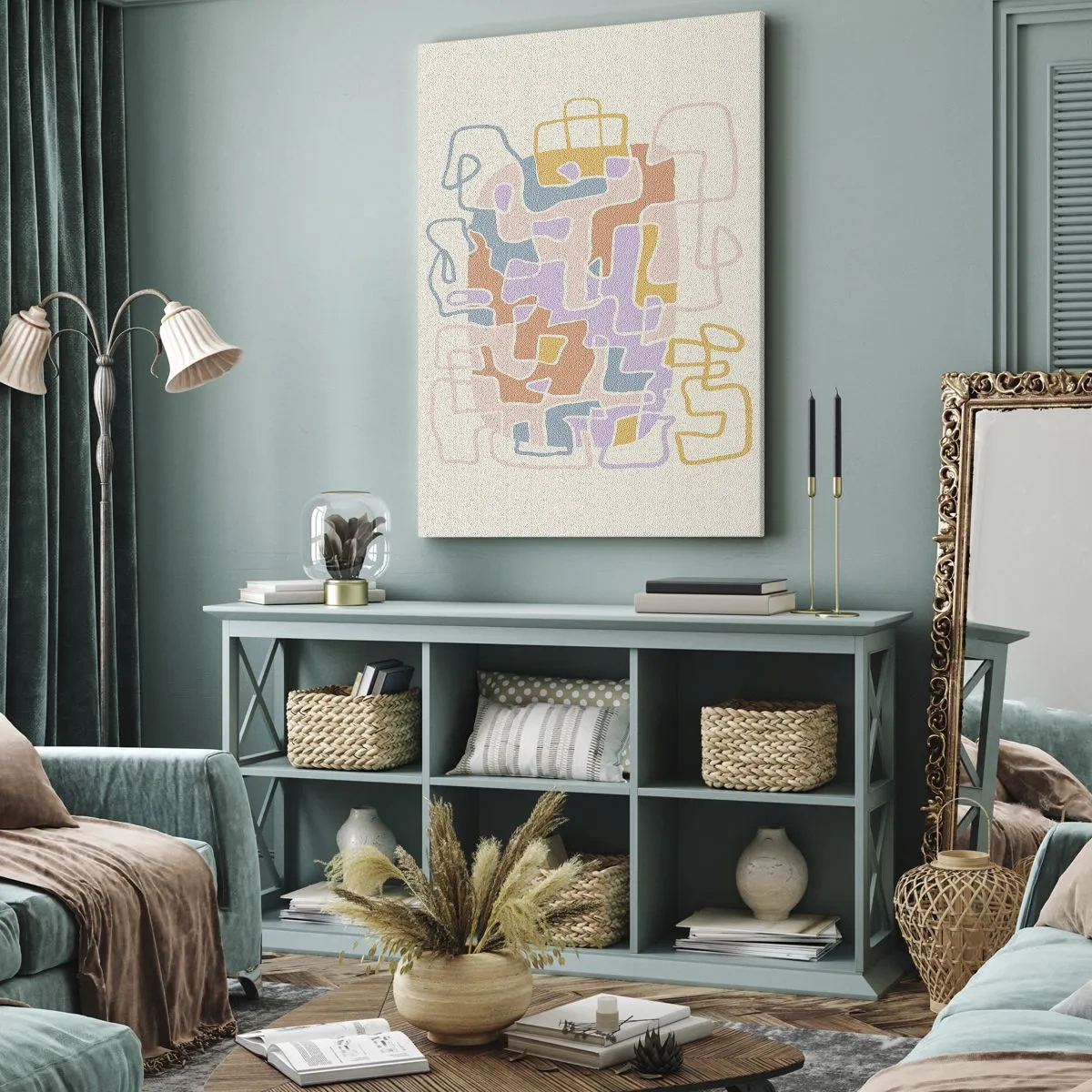 Impression sur toile - Image sur toile - Lignes abstraites pastel créant des motifs géométriques - 50x70cm - Labyrinthe – une aventure joyeuse - Décoration murale moderne pour le salon et la chambre ARTTOR