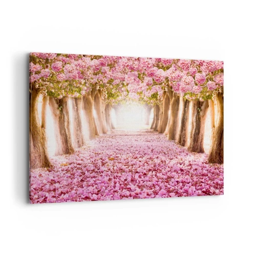 Impression sur toile - Image sur toile - Une avenue d'arbres fleuris aux tons roses - 100x70cm - La route du paradis - Décoration murale moderne pour le salon et la chambre ARTTOR